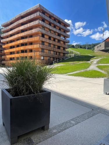 einem großen schwarzen Pflanzer mit Pflanzen vor einem Gebäude in der Unterkunft Ferienwohnung 3,5 Zimmer direkt an Ski- und Bikepiste in Flims
