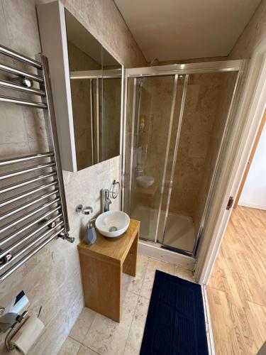 ein Bad mit einem Waschbecken und einer Dusche in der Unterkunft London City Ensuite Room City Airport&London Excel Exhibition Center in London