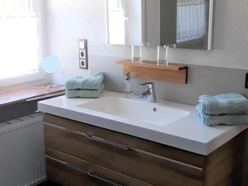 a bathroom with a white sink and a mirror at Ferienhaus Beim Wildenstein in Leibertingen