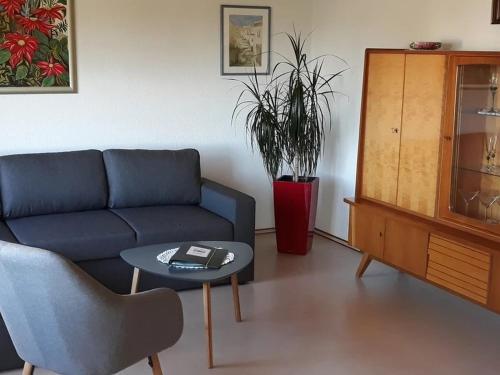 a living room with a blue couch and a table at Ferienhaus Beim Wildenstein in Leibertingen