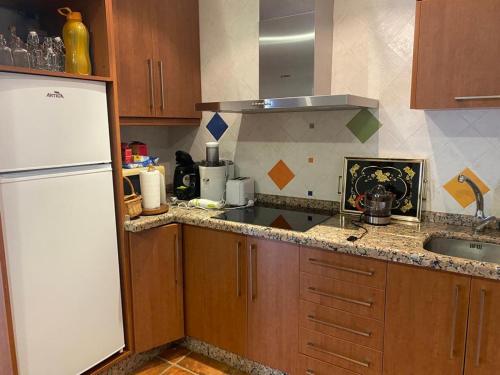 a kitchen with a white refrigerator and a sink at Casa da Pinguela Camino Inglés in Ordes