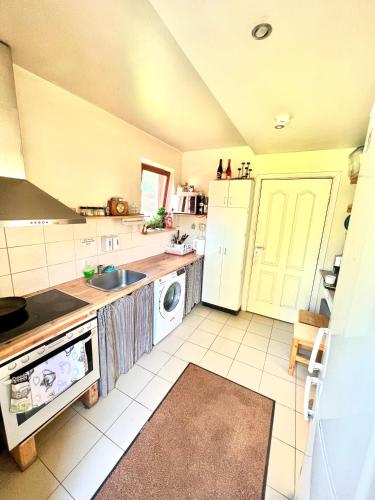 a kitchen with a sink and a washing machine at Mazā Kāpa in Koknese