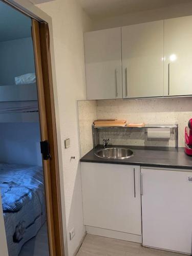 une petite cuisine avec un évier et un lit dans l'établissement chez olivier et valerie, aux Angles