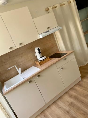 a kitchen with white cabinets and a sink at La chambre de Madeleine in Commercy