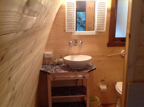 a small bathroom with a sink and a mirror at Igloo Mobil Home in Soiano del Lago