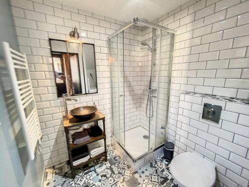 ein Bad mit einer Dusche, einem WC und einem Waschbecken in der Unterkunft Jungle room in Bourgoin
