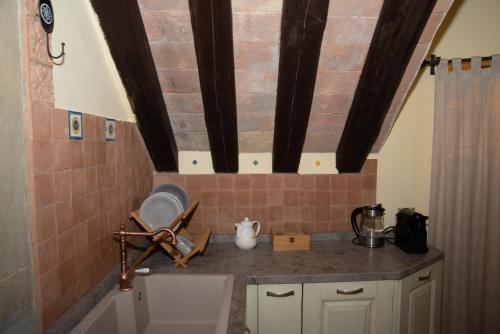 een badkamer met een wastafel en een bakstenen plafond bij Gattamelata, Historic Flat with Modern Comforts in Migliano