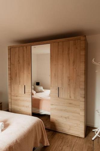 - une chambre avec une grande armoire en bois et un miroir dans l'établissement Gîte Relais Terrasse, à Horbourg-Wihr