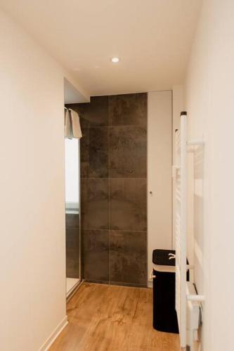 une salle de bain avec une douche en verre dans une chambre dans l'établissement Gîte Relais Terrasse, à Horbourg-Wihr