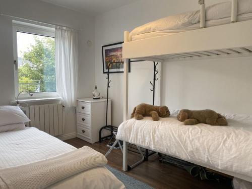 due orsacchiotti seduti su un letto in una camera da letto di Apartment 454 - Roundstone a Roundstone