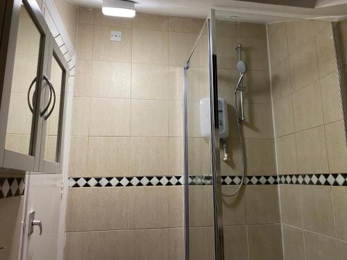 a bathroom with a shower with a glass door at Studio Flat in Hatch End