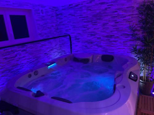a jacuzzi tub in a room with a brick wall at *Romance Jacuzzi* Appartement Spa pour les amoureux ou les solos in Deuil-la-Barre
