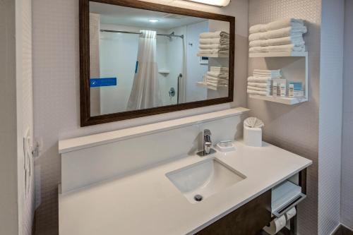a bathroom with a sink and a mirror and towels at Hampton Inn Orlando-Maingate South in Davenport