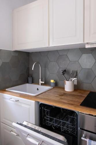 a kitchen with a sink and a counter top at Lugano Boat Apartment in Lugano