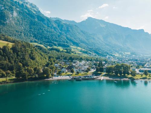 an aerial view of a lake in a valley at Hotel Seehof Superior in Walenstadt