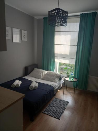 1 dormitorio con 1 cama y una ventana con cortinas verdes en Przystanek Opole - MIKROAPARTAMENTY, en Opole