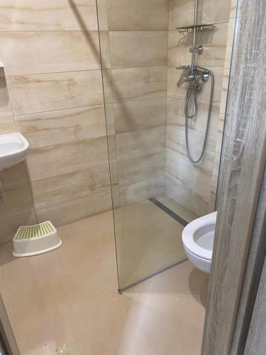 a shower stall in a bathroom with a toilet at Pokoje gościnne Orlovo DT in Gdynia
