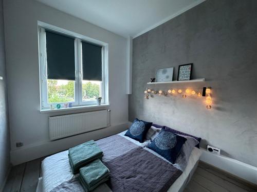 Un dormitorio con una cama con almohadas azules y una ventana en Pastelowy Olsztyn, en Olsztyn