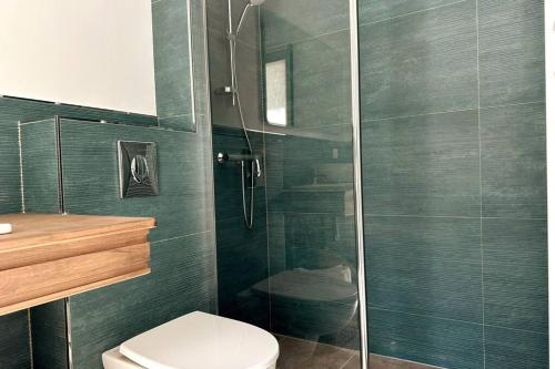 a bathroom with a toilet and a glass shower at Villa avec Piscine et Spa in Vinassan