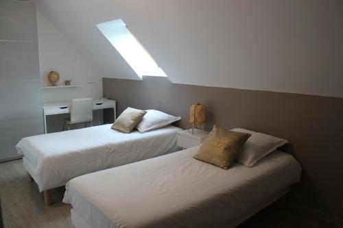 une chambre avec deux lits et une lucarne dans l'établissement La Prairie Vagabonde, à Surville