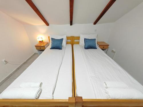 two beds in a small room with blue pillows at Apartmani Todorovic in Vinci