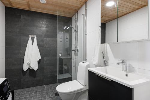 a bathroom with a toilet and a sink and a shower at Tower Cabin in Tampere