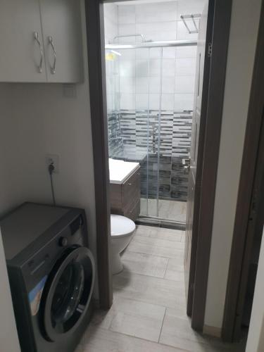 a bathroom with a toilet and a washing machine at Sya home in Braşov