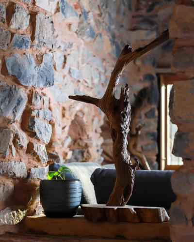 a tree in a bowl next to a stone wall at Hanging Terraces المدرجات المعلقة in Al ‘Aqar