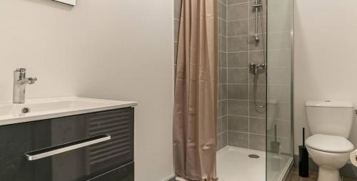 a bathroom with a shower and a toilet and a sink at Le Coeur Ardéchois in Vals-les-Bains