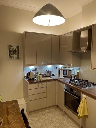 a kitchen with brown cabinets and a large light fixture at 2 Bedroom Garden Flat /Kings Cross, Central London in London