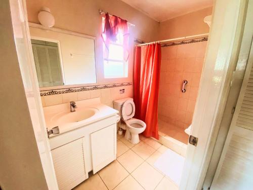 a bathroom with a sink and a toilet and a mirror at Terracotta Enterprise - Gated Community Home in Christ Church