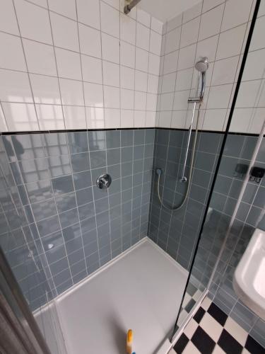 a bathroom with a shower and a sink at B&B Pickery in Bruges