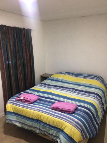 Una cama con dos almohadas rosas encima. en Eluney en Malargüe