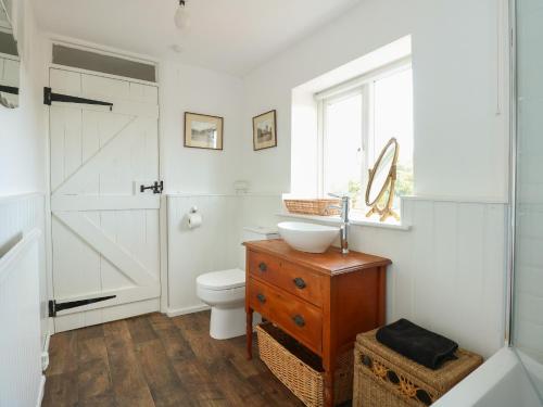 a bathroom with a sink and a toilet and a window at Horseshoe Cottage in Pentney