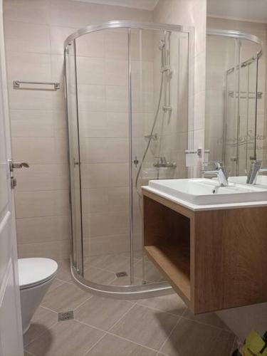 a bathroom with a shower and a sink and a toilet at Apartament Harmony in Sunny Beach
