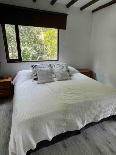 a bedroom with a large white bed with a window at LAS NUBES - Donde la energía fluye, el alma se cura in Rionegro