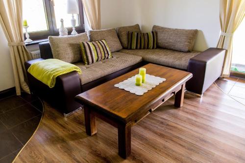 a living room with a couch and a coffee table at Galikowo in Płaska
