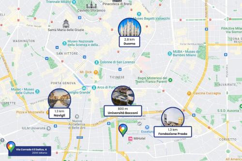 a map showing the locations of landmarks at Milan - Bocconi e Navigli - Spacious 3BR Apartment 95 m - Free Parking in Milan