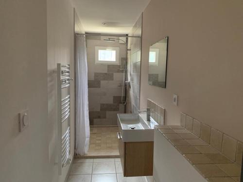 une salle de bain avec un lavabo, un miroir et une douche dans l'établissement Gîte Lavalette09 Ardèche et Cèze, à Saint-Christol-de-Rodières