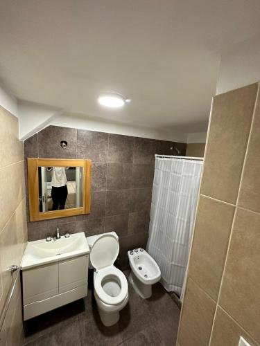 La salle de bains est pourvue de toilettes, d'un lavabo et d'un miroir. dans l'établissement Depto moderno, buena ubicacion., à Rosario