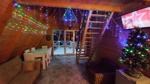 a living room with a christmas tree and christmas lights at Sionis Idilia in Sioni