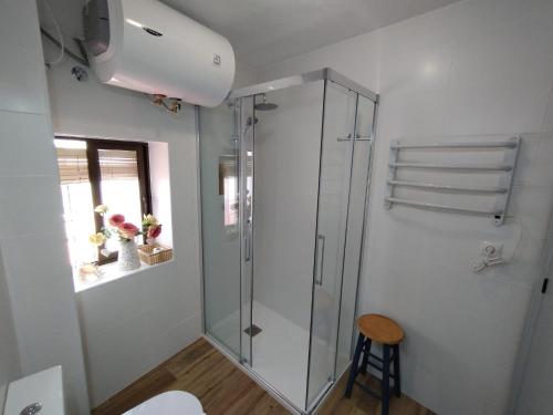 a bathroom with a shower and a toilet and a stool at Casa Perejil, un balcón al Genal in Genalguacil