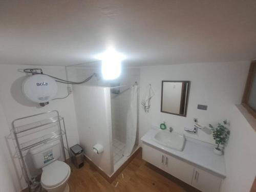 a bathroom with a shower and a toilet and a sink at Linda casa de campo en Mejia - Arequipa in Mejia