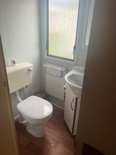 een badkamer met een toilet, een wastafel en een raam bij Lisa and Laddy Caravan Hire in Meliden