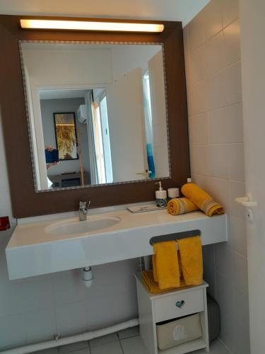a bathroom with a sink and a mirror at Studio COEUR PASSION VUE MER charme et standing in Saint-François