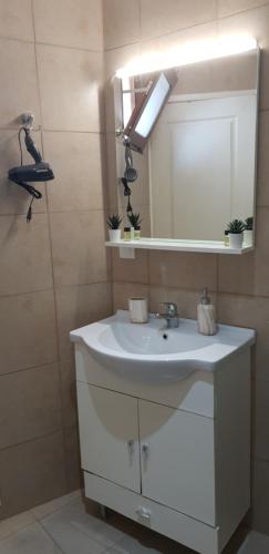 a bathroom with a white sink and a mirror at Vilaeti Artemis in Agios Konstantinos