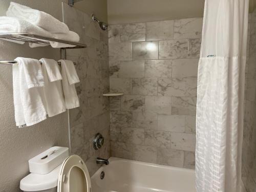 a bathroom with a tub and a toilet and a shower at Days Inn by Wyndham Orange Park/Jacksonville in Orange Park