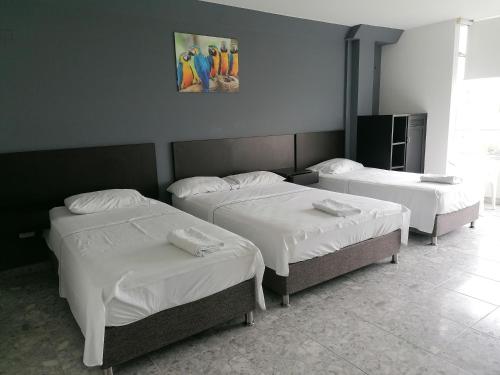约帕尔Hotel Bucare的一间有三张床的房间