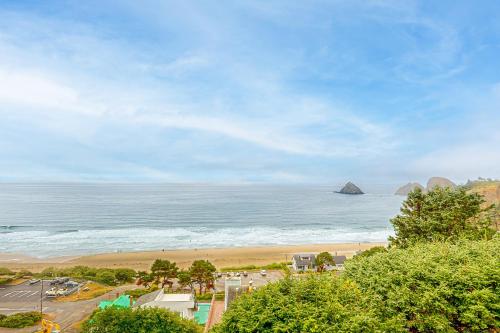 an aerial view of a beach and the ocean at Berni's Ocean View Castle - an Oceanside Legend in Oceanside
