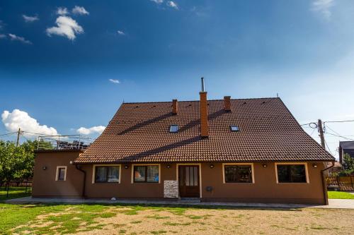 a house with a roof on top of it at Erőss Kulcsosház in Lăzarea